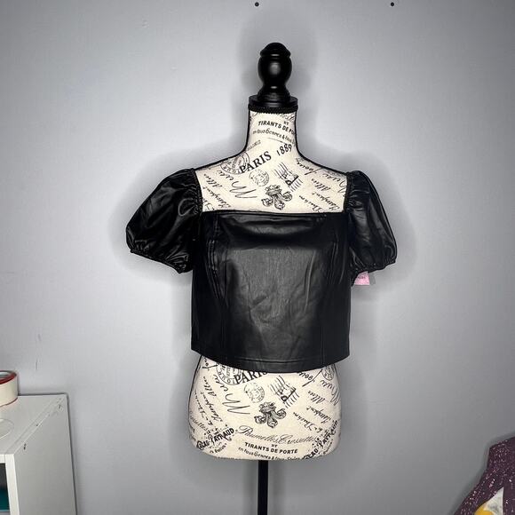 Avec Les Filles LARGE Faux Leather Puffy Sleeve Zipper Back Square Neck Crop Top - Picture 13 of 13